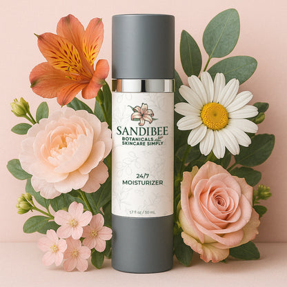 A pump bottle of Sandibee 24/7 Moisturizer surrounded by various flowers including a pink rose, a daisy, and an orange lily, on a pink background.
